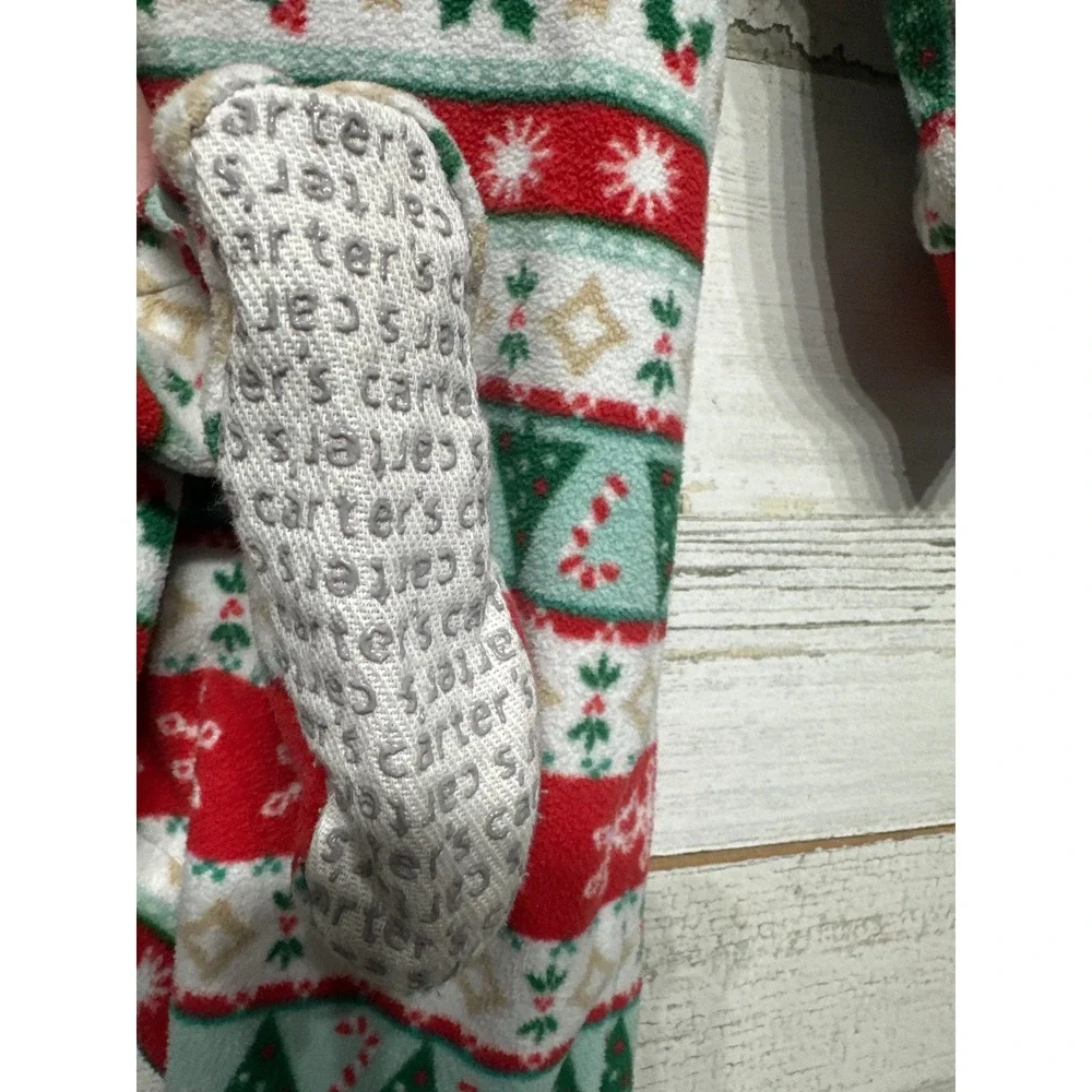 Carter's Footed Pajamas Kids 12M Red Fair Isle Holiday Fleece EUC